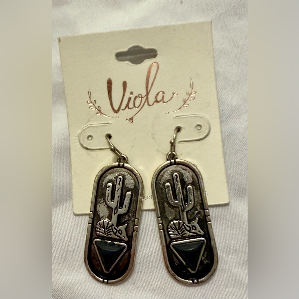 Viola Silver Cactus Earrings With Black Onyx Western‎ Fashion New